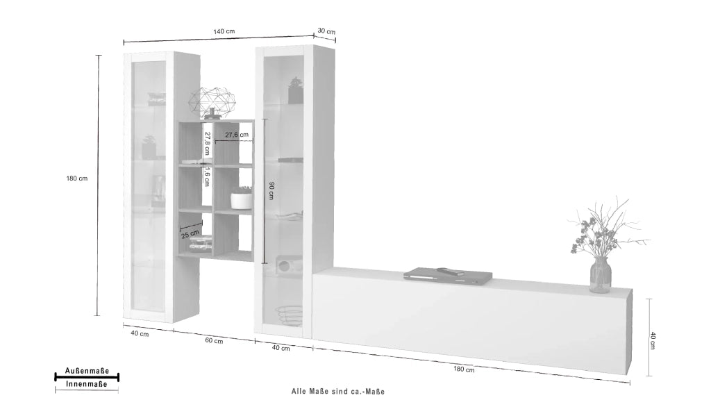 Parete attrezzata mobile TV bianco sospeso 2 vetrine libreria Yves WH