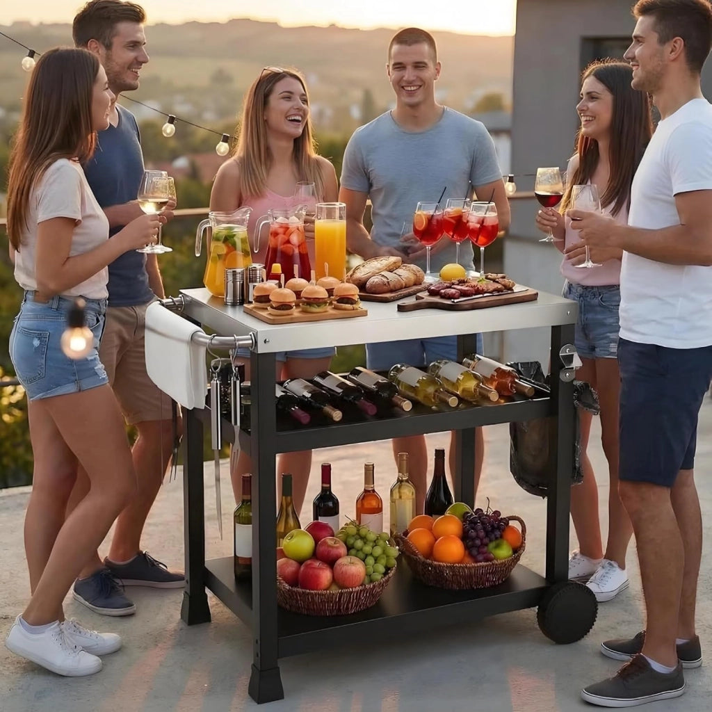 Acciaio Inox Carrello Barbecue 3 Ripiani, Tavolo BBQ con 2 Ruote Ganci,Carrello Cucina Esterna con Maniglia,Carrello di Servizio Cucina Esterni da Multiuso,per Casa Cortile Patio e Giardino
