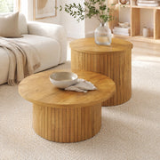Set tavolini da salotto rotondi in MDF effetto legno naturale; 75x75x36 cm e 50x50x50;5 cm