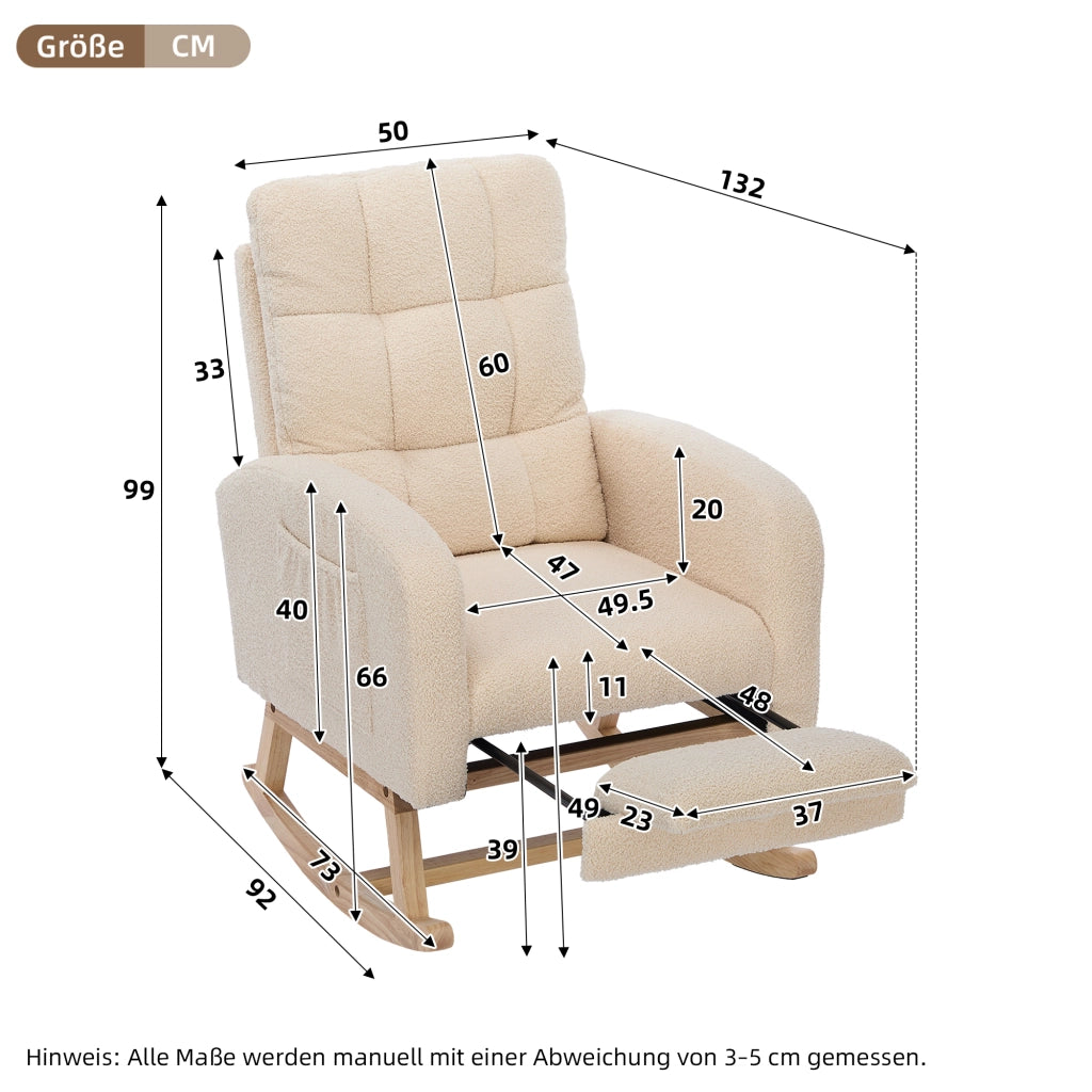 Poltrona a dondolo beige in boucl¨¦ con struttura in legno massello, schienale alto e tasca laterale