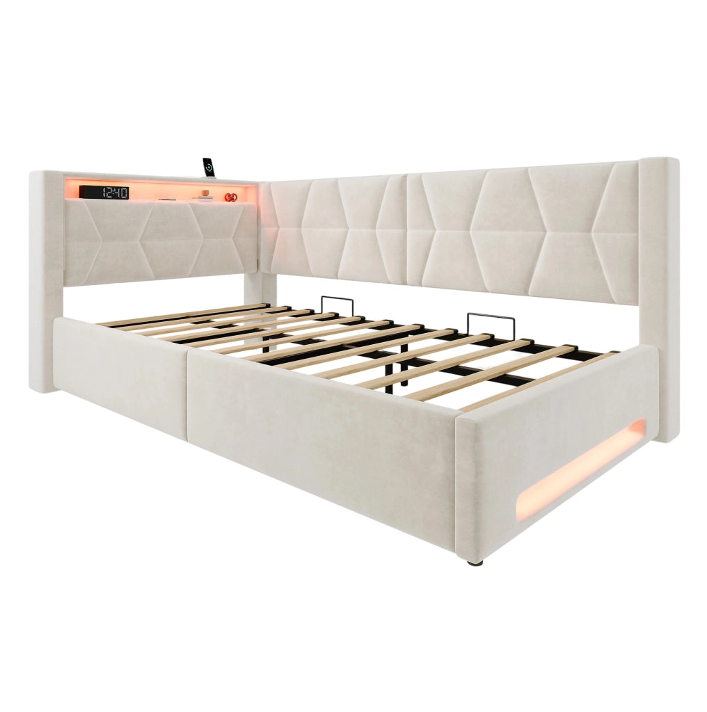 Letto imbottito 90x200 cm con contenitore, LED, USB e Type-C