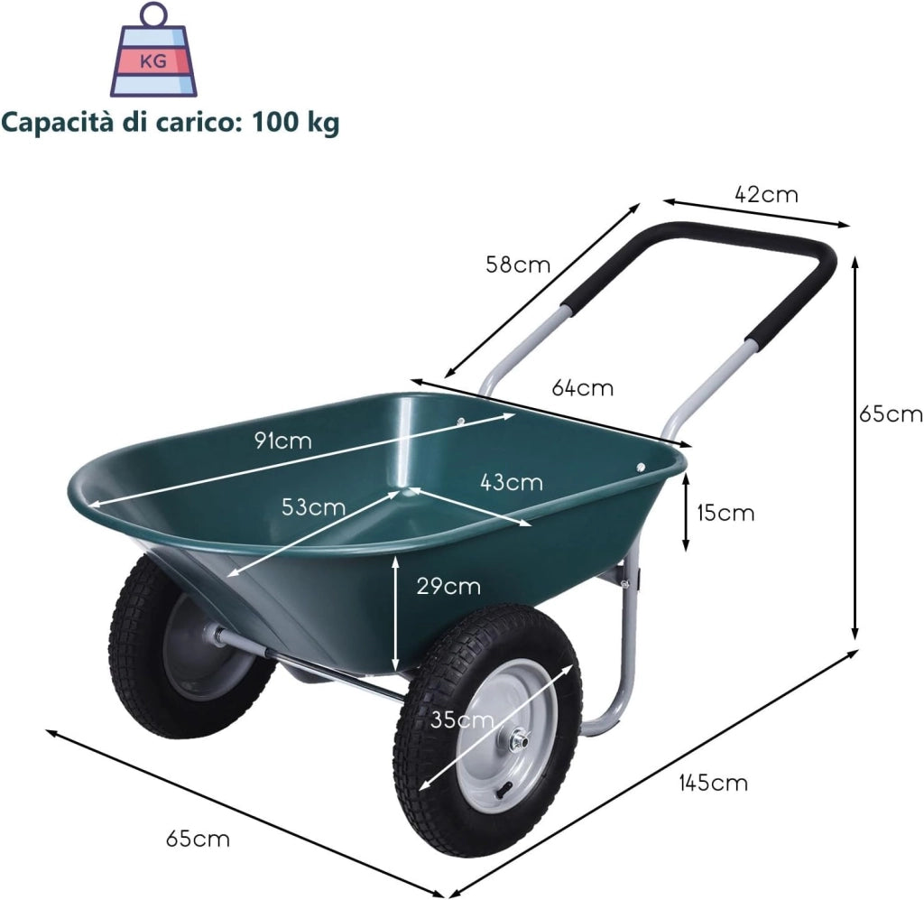 Carriola con 2 Ruote da Giardino, Carrello Resistente con Struttura in Acciaio Robusto, Ruote Pneumatiche 35,5 cm, Capacità 75L, Portata Max 100 kg (Verde)