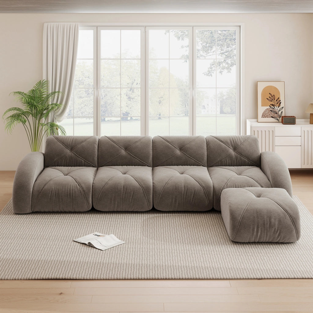 Divano angolare modulare 4 posti in chenille con pouf, seduta ampia e struttura senza telaio, per soggiorno, taupe