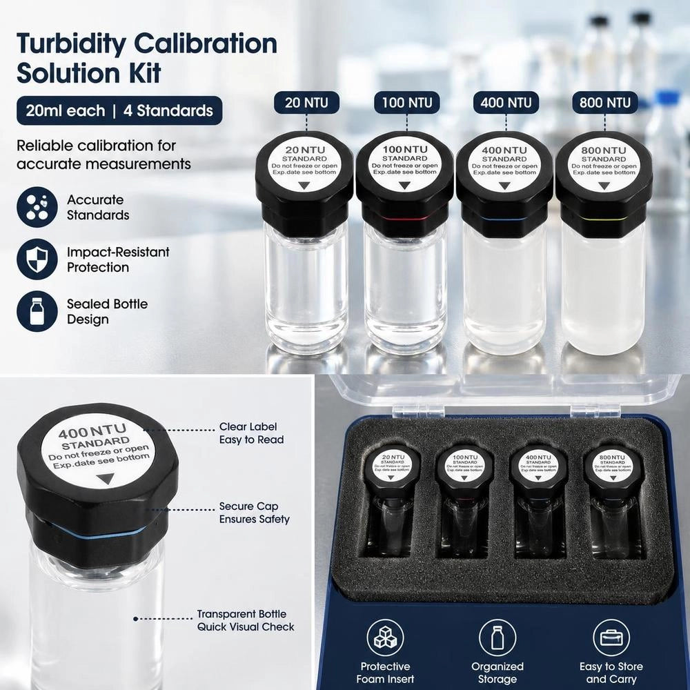 Turbidity Calibration Solution Kit 20/100/400/800 NTU, 20 Ml Each, 4 Pcs. Standard Turbidity Solution Refill For TN1000 Turbidity Meter, Shock-resistant Protective Insert, Sealed Bottle Design