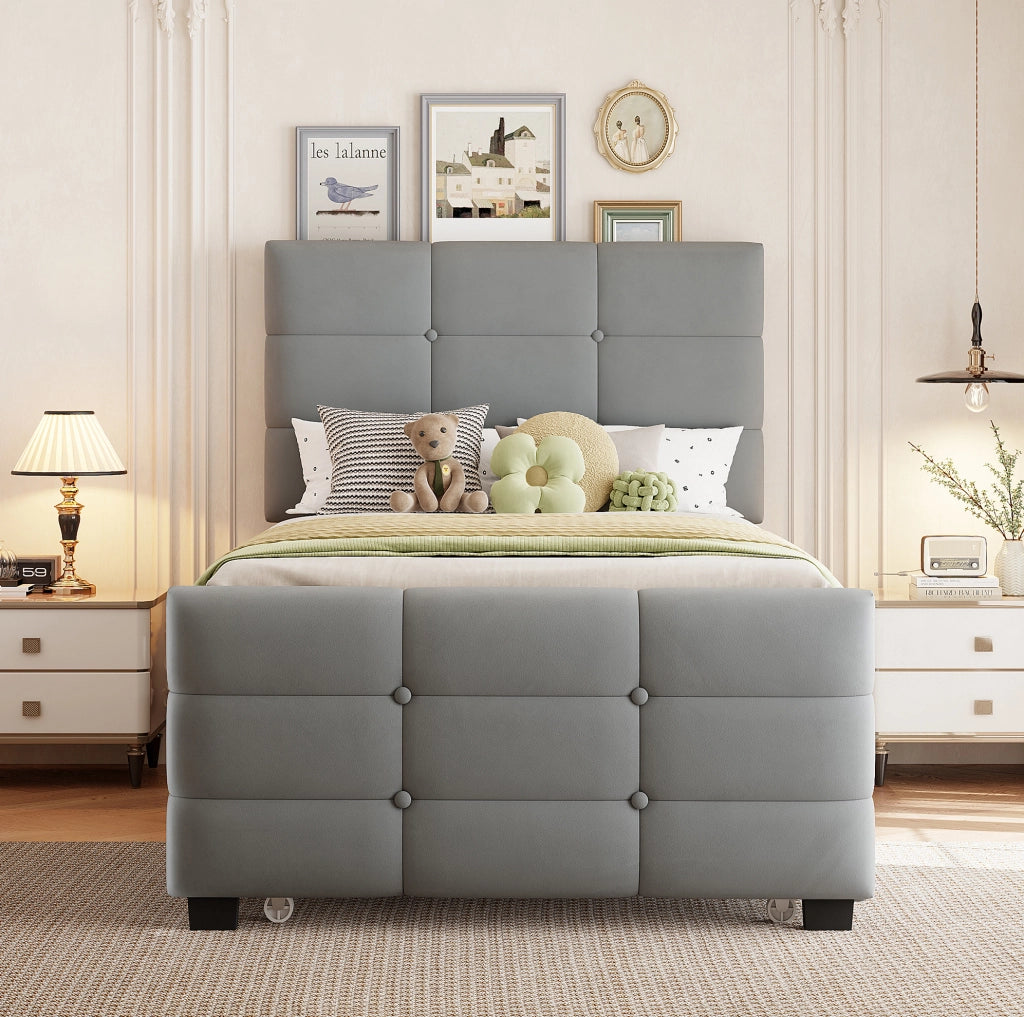 Letto imbottito singolo 90x190 cm con letto estraibile; in velluto grigio
