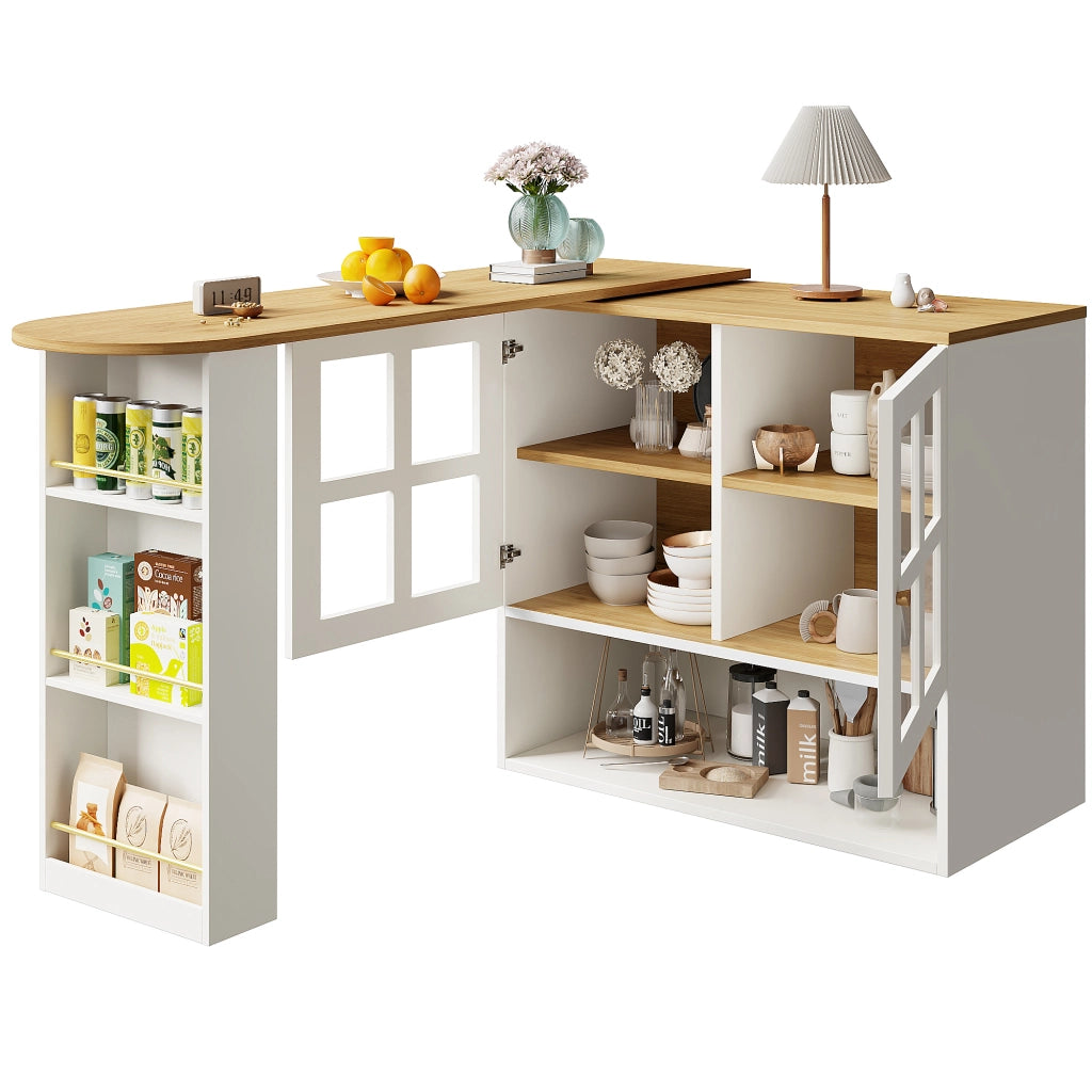 Mobile Bar con 2 Ante in Vetro; 5 Ripiani; Estensibile e Girevole a 360°; per Cucina Soggiorno; MDF; 138-204 x 39 x 102;5 cm; Bianco