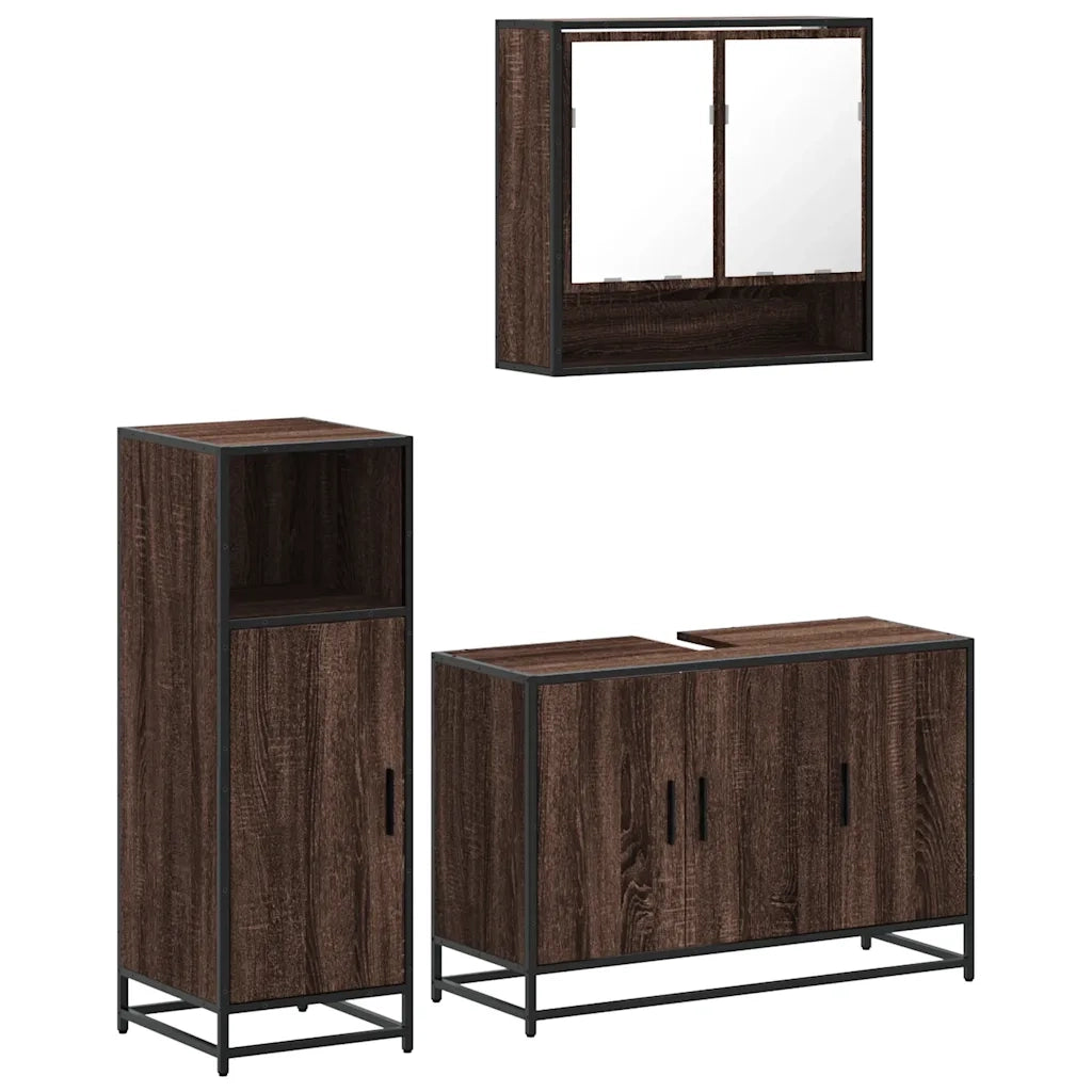 Set Mobili da Bagno 3 pz Rovere Marrone in Legno Multistrato