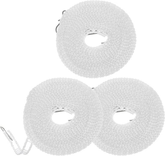 3 pezzi 164 ft Winddichte Nylon Corda da asciugare - Adattabile per Campeggio, Viaggio, Appesi o Casa - Bianco