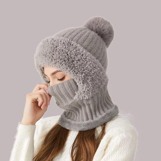 Mantello con cappuccio, sciarpa, maschera facciale, jumpsuit, cappello caldo invernale - grigio