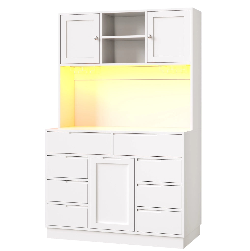 Hochschrank cucina 120x40x183.5 cm con illuminazione LED; 8 cassetti e chiusura magnetica in MDF bianco