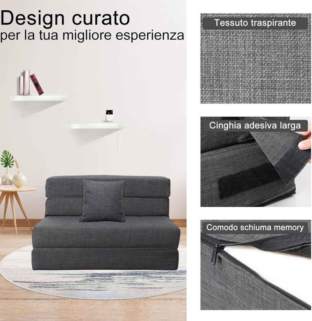 moderno Divano Pieghevole Futon con Cotone di Memoria e Cuscino, Poltrona Lavabile Set, Divano Letto per Ospiti, Grigio Scuro