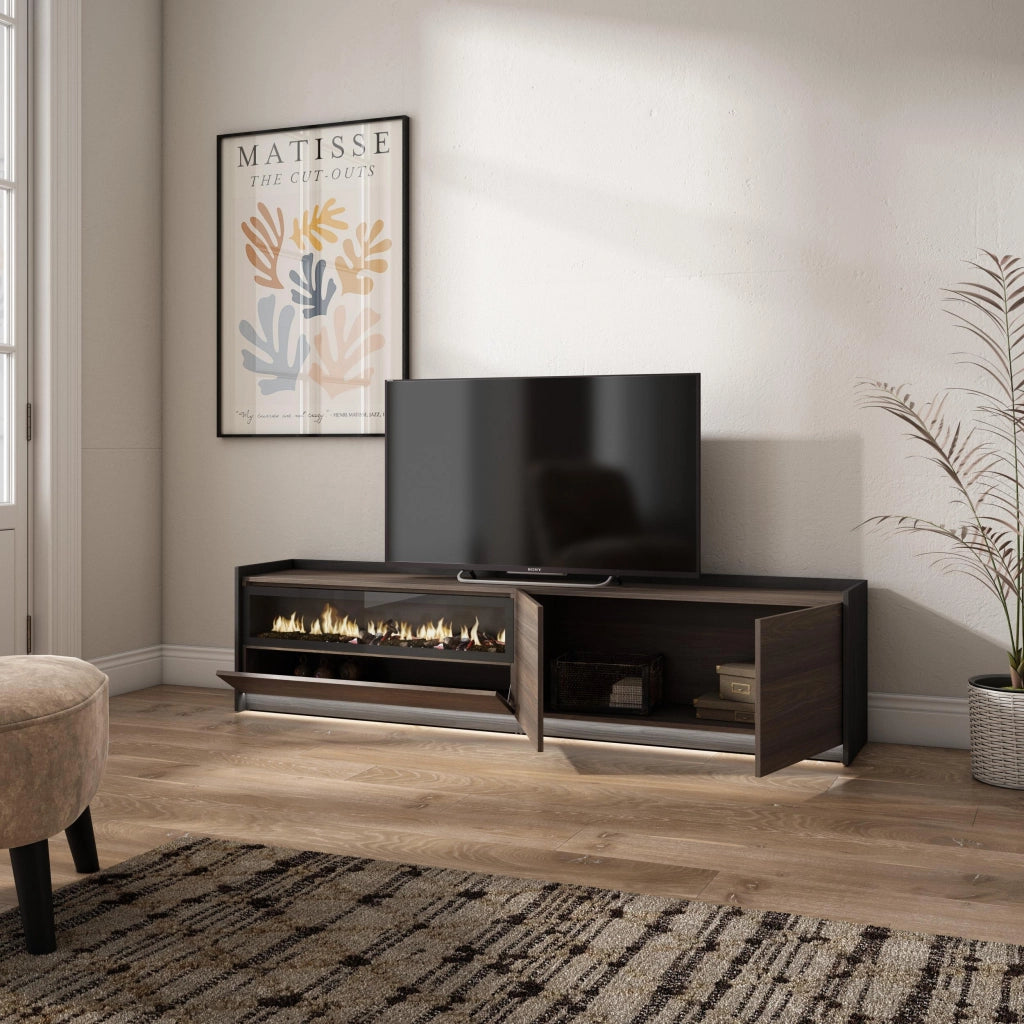 Mobile TV Soggiorno, 207x50x37 cm, Per TV fino a 80", Camino elettrico, LED, Rovere scuro e Nero
