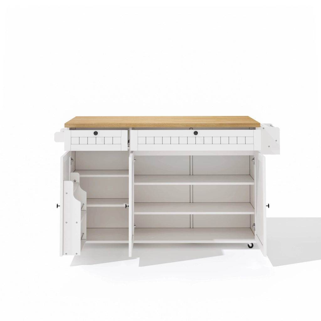 Isola da Cucina Mobile 137x45/70x89,5 cm Bianca e Legno con Piano Ribaltabile, 2 Cassetti e 6 Ruote
