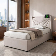Letto singolo contenitore 90x200 cm con testiera USB e Type-C, beige