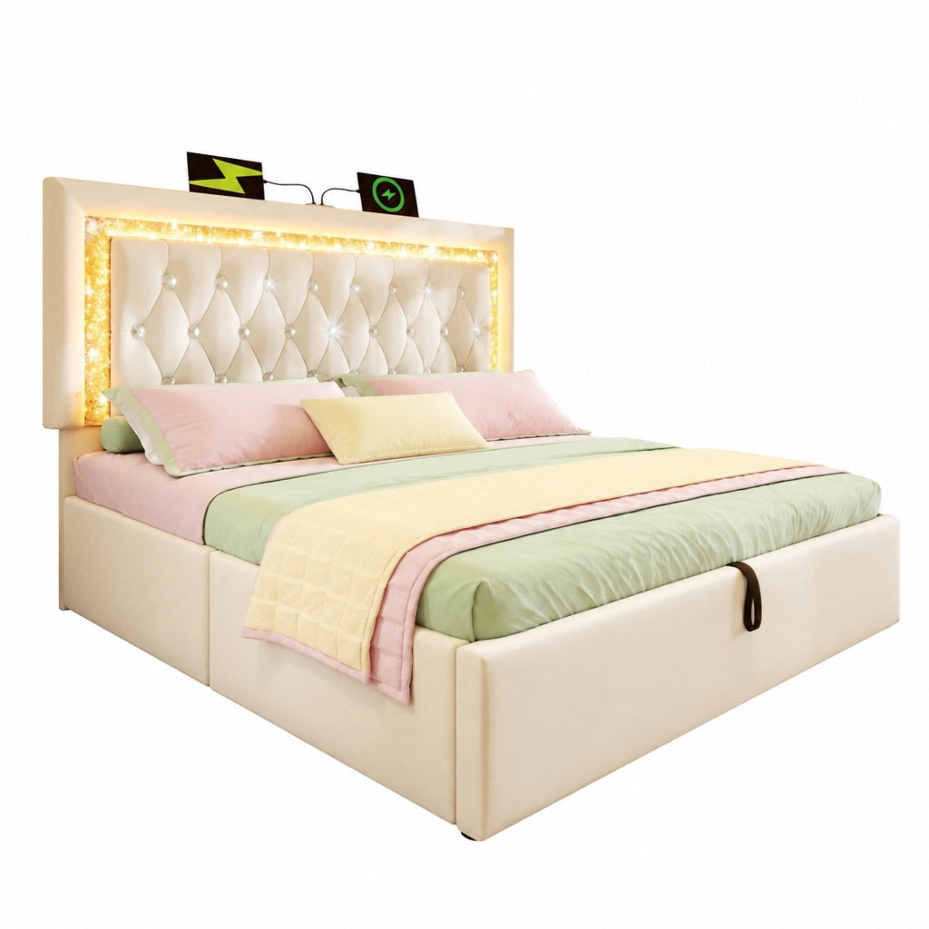 Letto matrimoniale imbottito 140x200 cm in velluto beige con LED, USB e contenitore