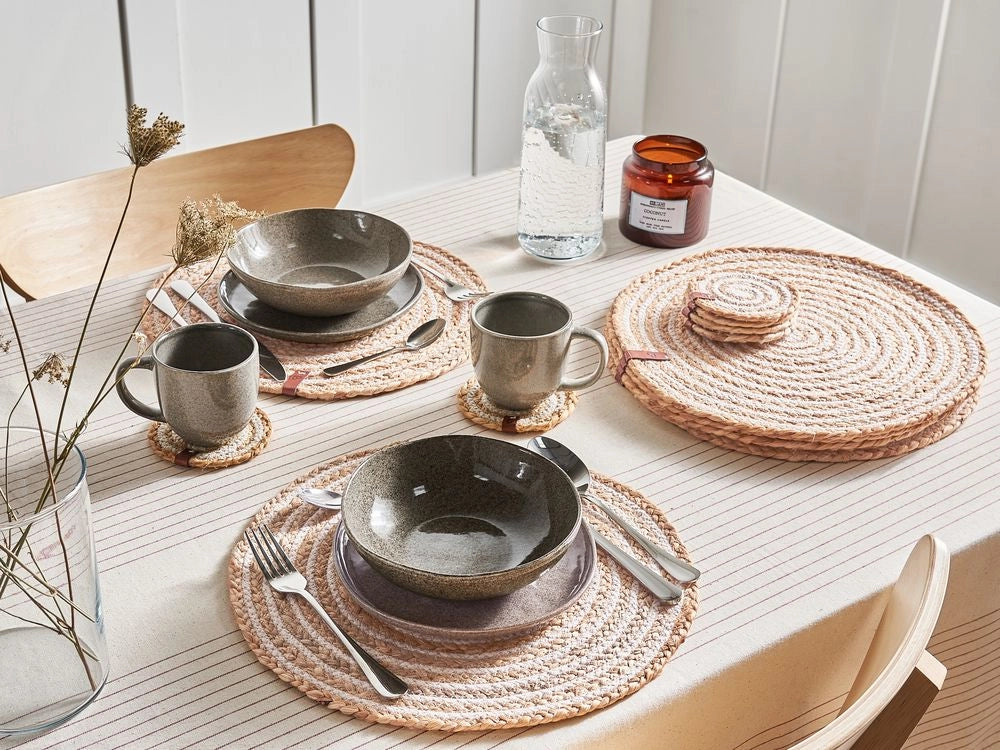 Set di 12 tovagliette e sottobicchieri rotondi in iuta naturale fatti a mano da 35/10 cm stile boho naturale