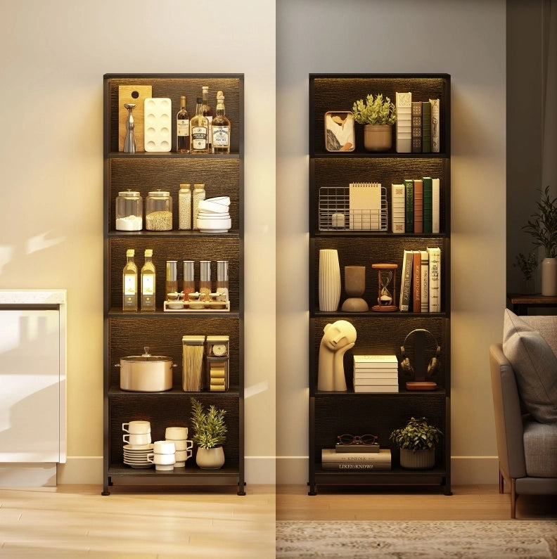 Libreria nera a 5 ripiani con LED a 7 colori, 60 x 30 x 179 cm