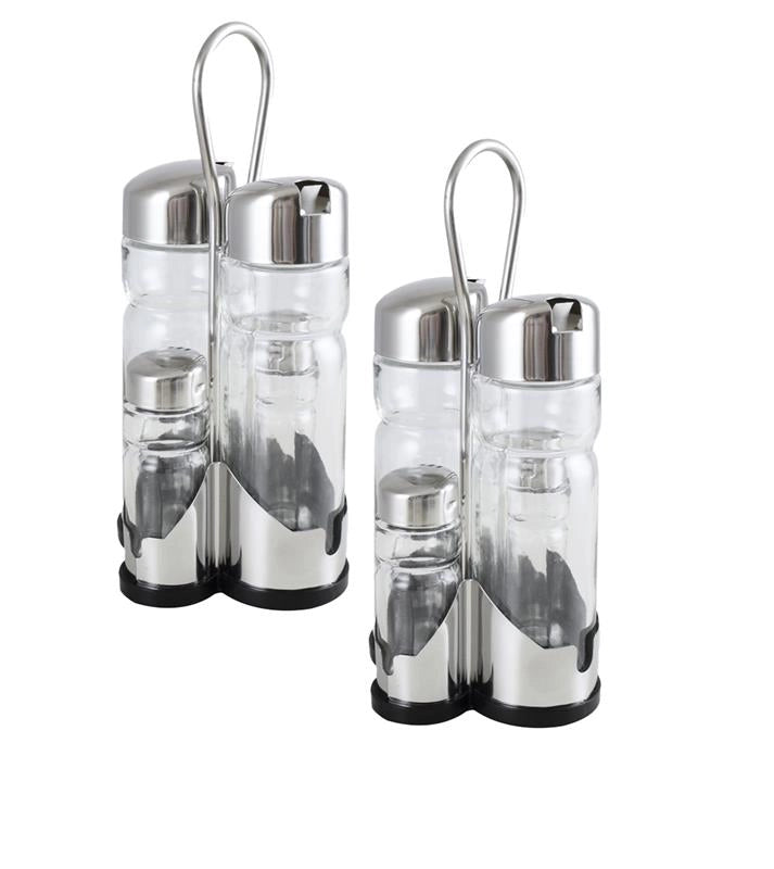 MAURY'S SET 2 MENAGE DA TAVOLA 4PZ INOX SALE PEPE OLIO ACETO CON VERSATORE