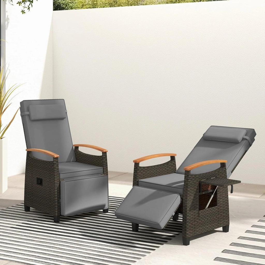 Poltrona Reclinabile da Giardino, Sedia Relax Esterno in Rattan con Schienale Regolabile a 150°, Poggiapiedi e Tavolino Pieghevole, Portata 180 kg, per Patio, Cortile e Terrazzo (Grigio,1)