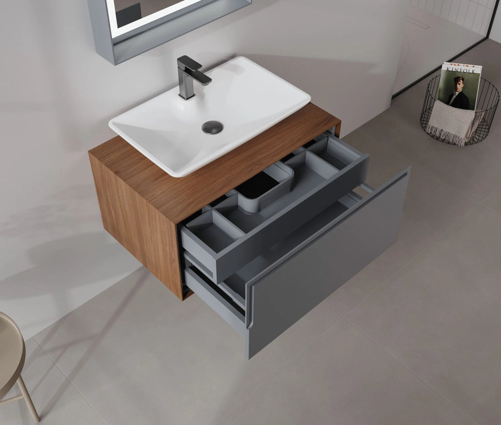 Set mobile lavabo con specchio (2 pezzi) "Craft 80" - 60 x 50 x 40 cm - Noce / Antracite / Bianco