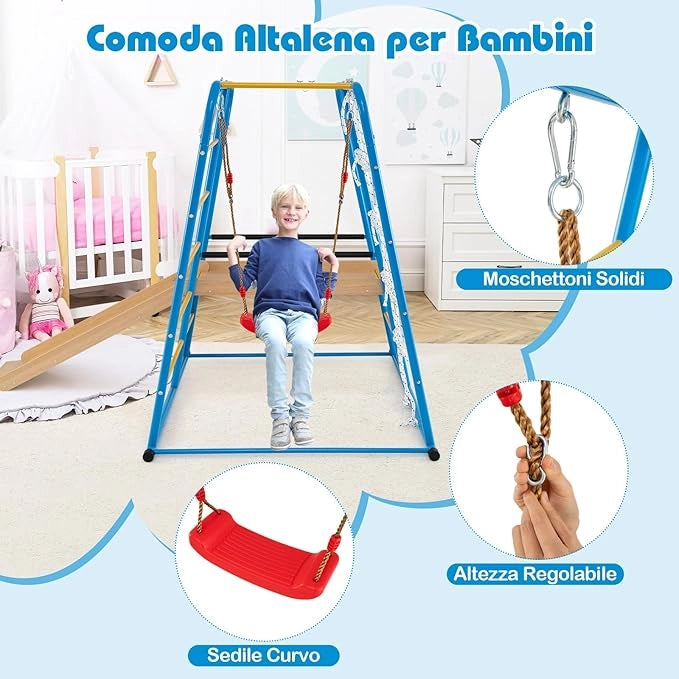 6 in 1 Set da Arrampicata per Bambini, Set Giocattoli di Metallo con Scivolo Altalena Sbarre Scala da Arrampicata e Parete di Corda, Parco Giochi per Bambini 3 Anni+