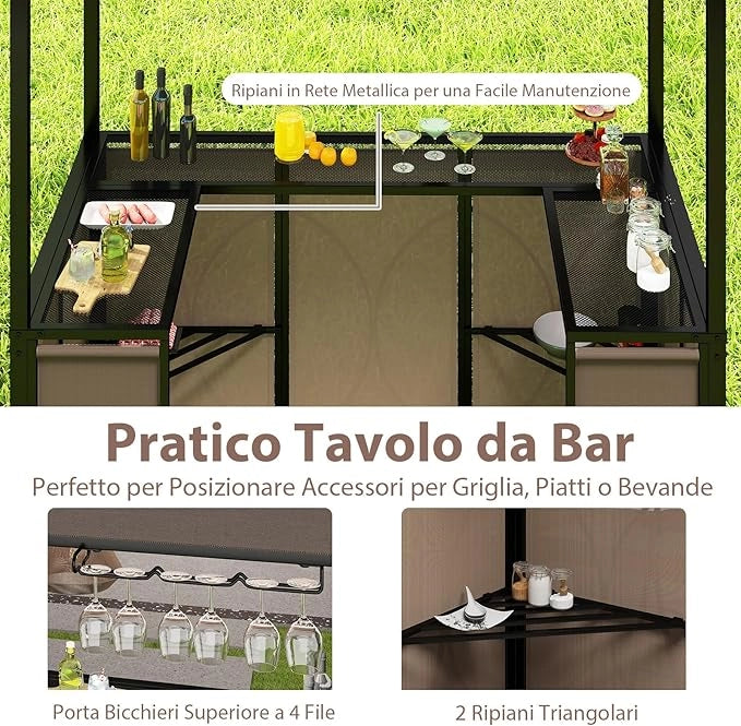 Gazebo per Barbecue, Pergola per BBQ con Tavolo Bar e 2 Sgabelli Bar Pieghevoli, Ripiani di Stoccaggio in Metallo, per Giardino e Cortile, 193 x 117 x 240 cm (Marrone)