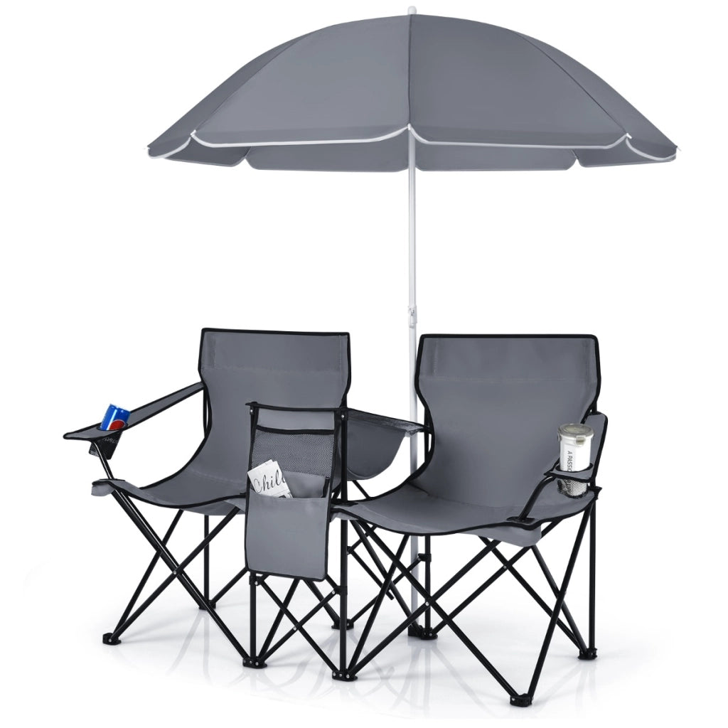 Sedia da picnic in acciaio portatile e pieghevole, Sedia da picnic con ombrellone mini tavolo porta bevande Grigio-Tavoli e sedie da campeggio