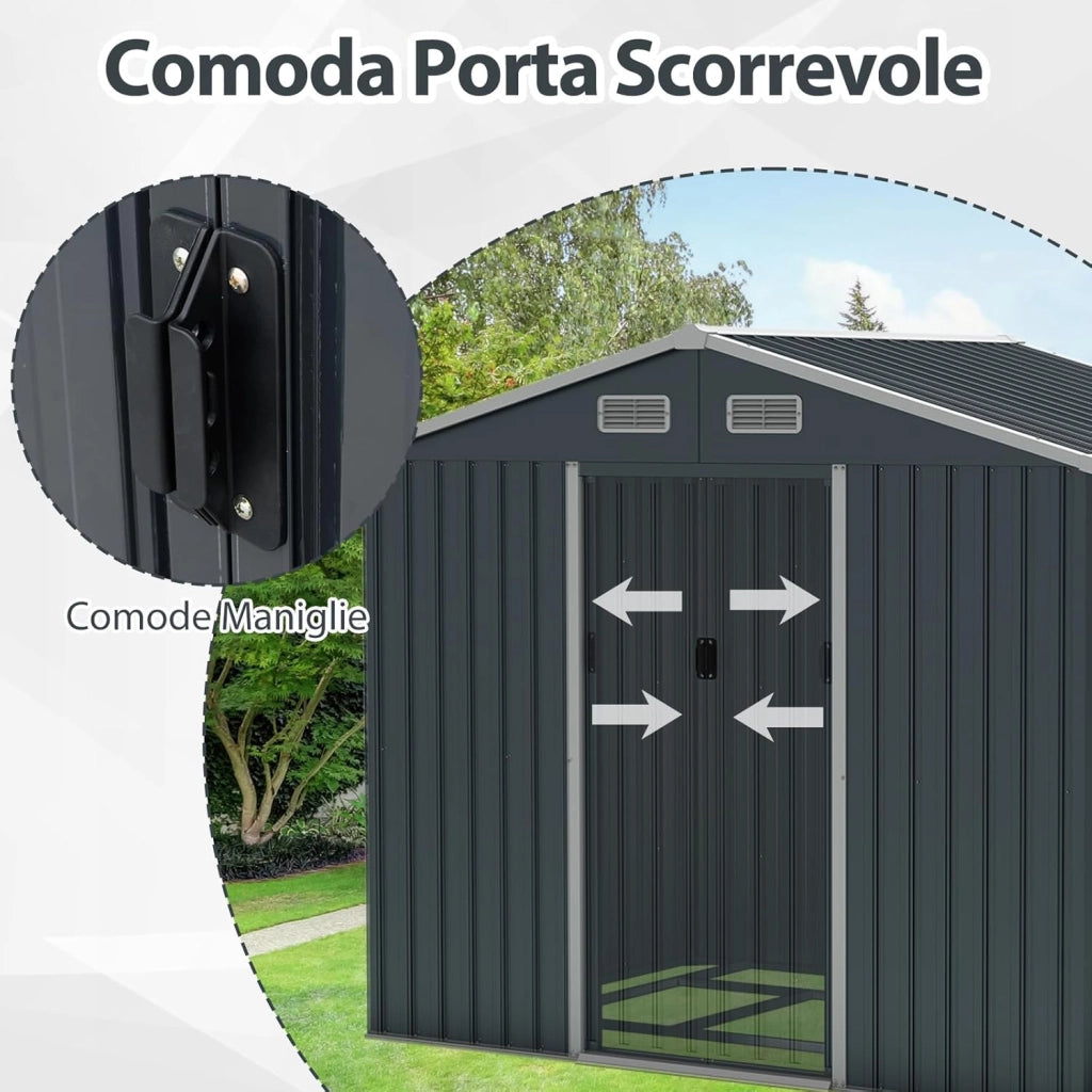 Casetta da Giardino 3,66㎡, Capanno da Esterno con Tetto Spiovente e Porte Scorrevoli, 4 Prese d'Aria e Base, in Metallo Zincato Resistente alle Intemperie, 235 x 171 x 196 cm