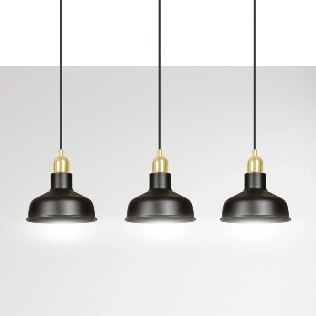 Lampadario Industrial 3 Luci Dhanapati Acciaio Nero Con Elementi In Oro