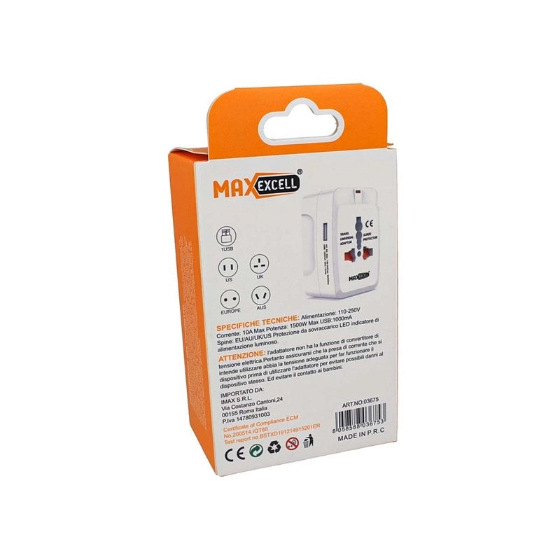 Adattatore Universale da Viaggio Con Presa EU UK USA AUS CN Con Caricatore USB 5V 1A