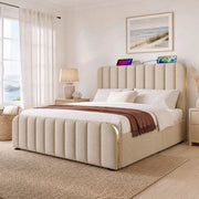 Letto matrimoniale imbottito 160x200 cm con testiera USB e contenitore idraulico