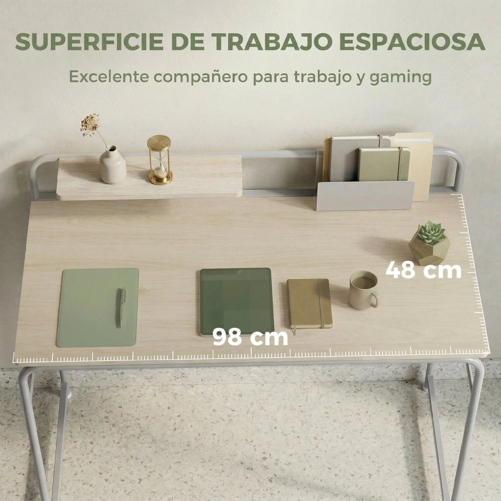 Scrivania Moderna con Scaffale e Struttura in Metallo ¨C Minimal ¨C 98x48x88,5 cm Roble