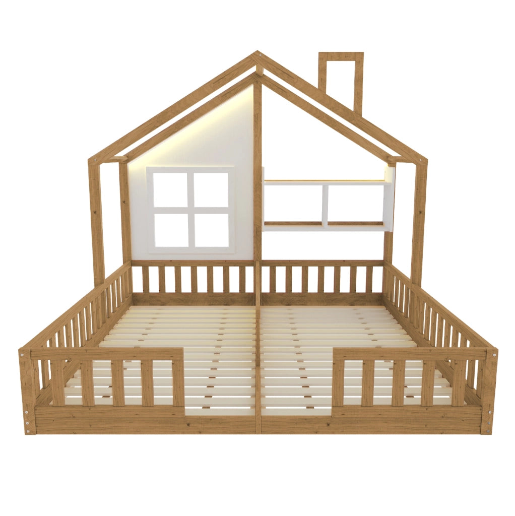 Letto doppio per bambini 2x90x200 cm con LED, ripiani e sponde in legno naturale