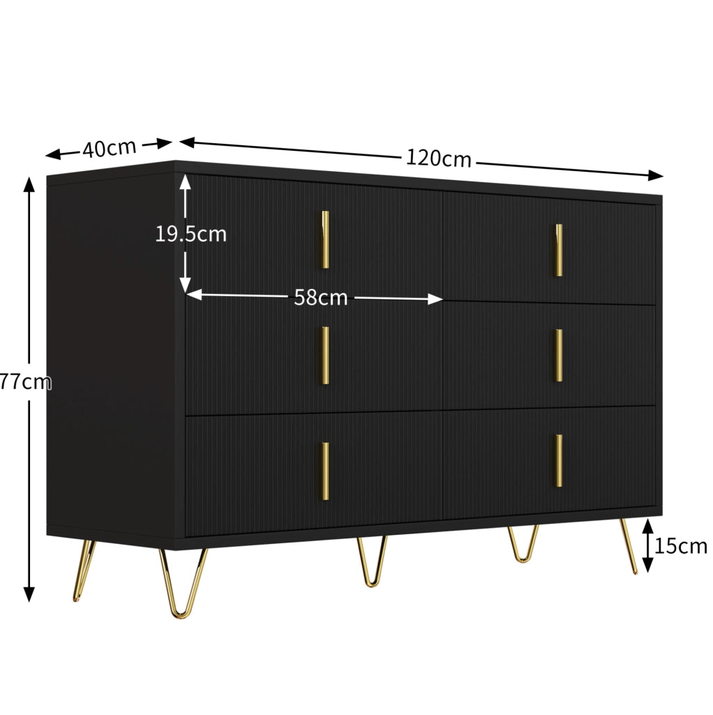 Credenza moderna a 6 cassetti 120x40x77 cm in truciolare nero e oro