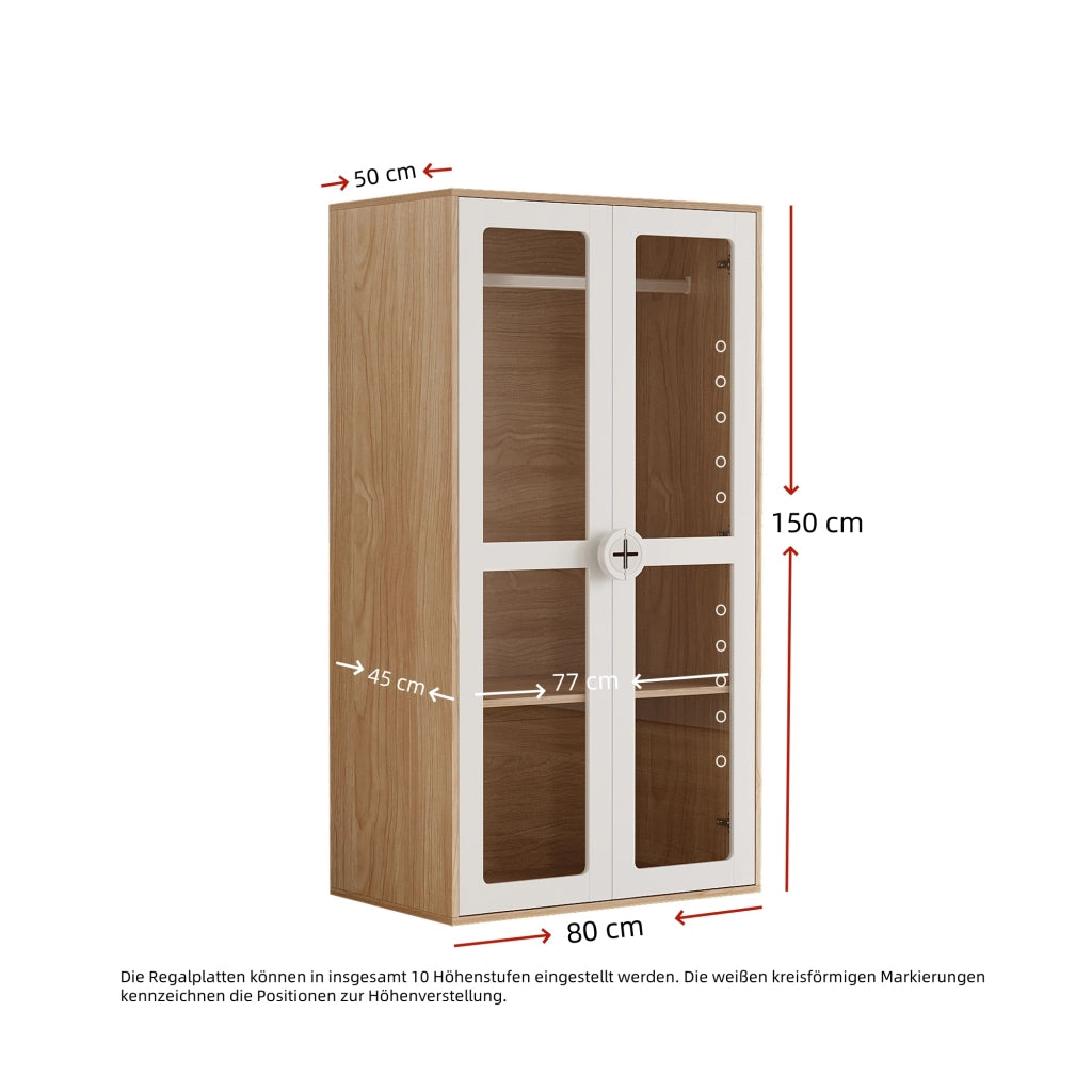 Scaffale con 10 livelli di altezza e asta appendiabiti, ante in acrilico, MDF bianco e naturale 80 × 50 × 150 cm