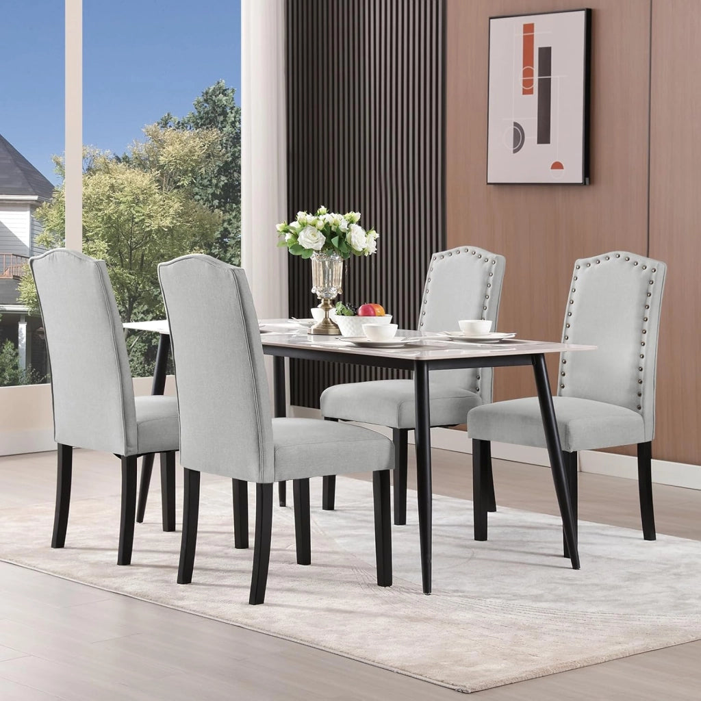 6 Pezzi Sedie per Sala da Pranzo con Schienale Alto, Sedie da Cucina con Gambe in Legno Massello, Sedia da Soggiorno Imbottite, Decorazione con Rivetti, in Lino, Grigio chiaro, BH386hgr-6