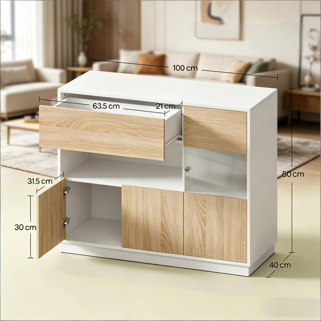 Credenza e madia con vano aperto e anta acrilica, in legno ingegnerizzato, bianco e rovere chiaro, 100 × 40 × 80 cm