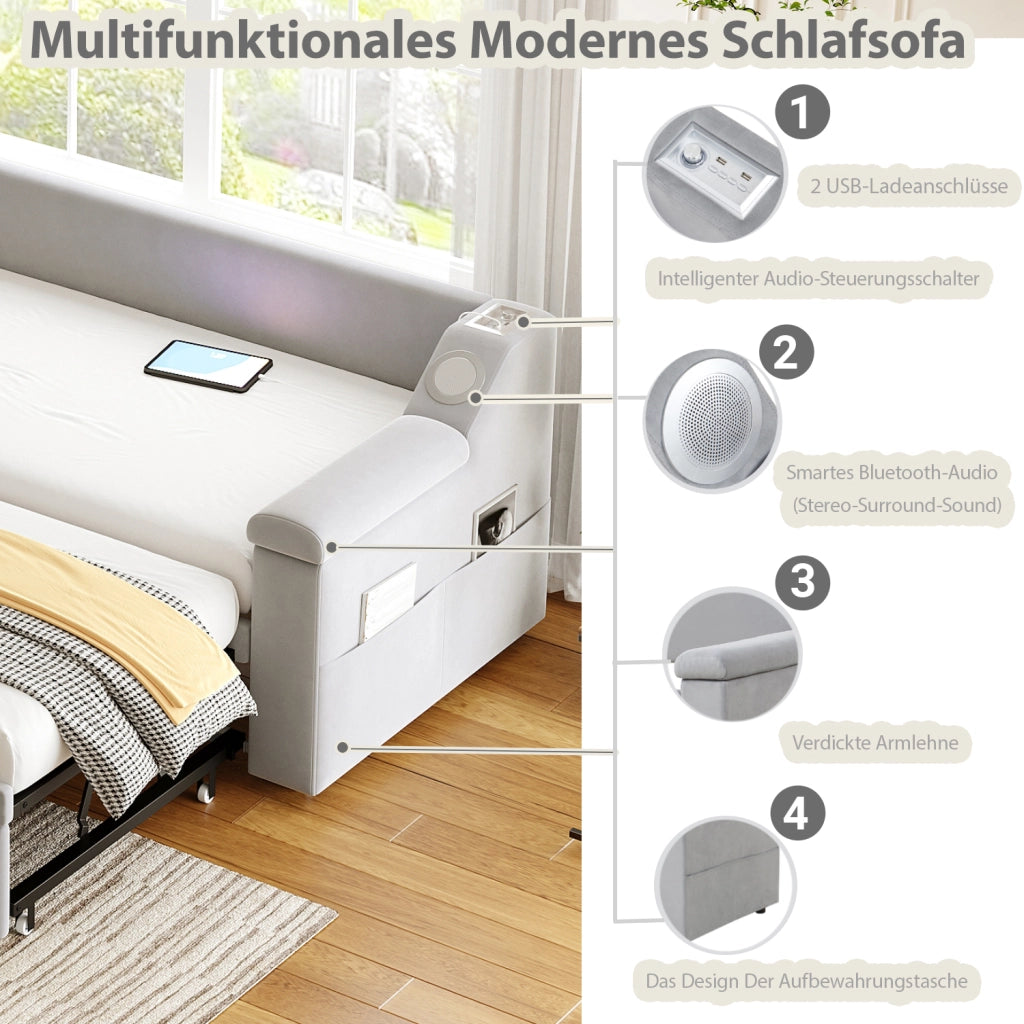 Letto imbottito salvaspazio 90×190 cm e 180×190 cm con USB; ripiani e Bluetooth; senza materasso; grigio chiaro