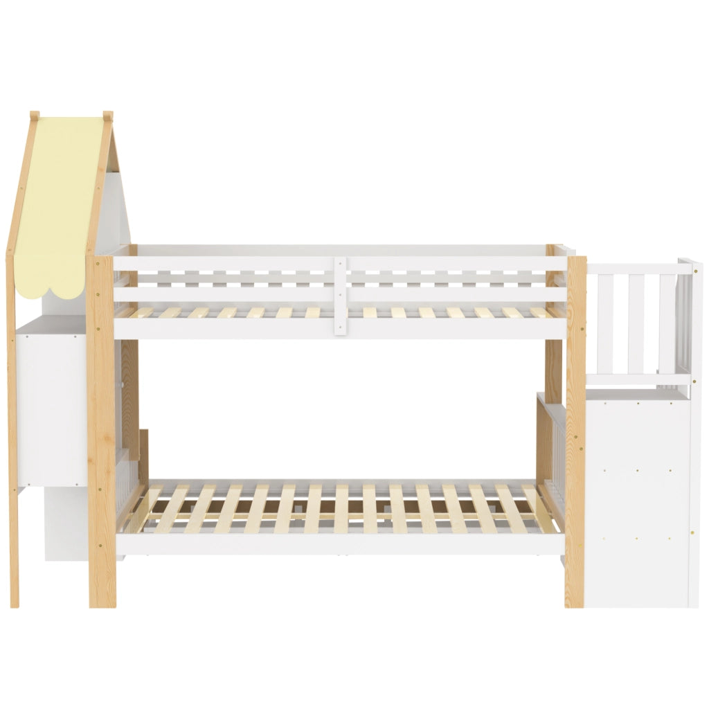 Letto a castello 90×200 cm e 140×200 cm con scala contenitore; barriera e 2 cassetti; senza materasso