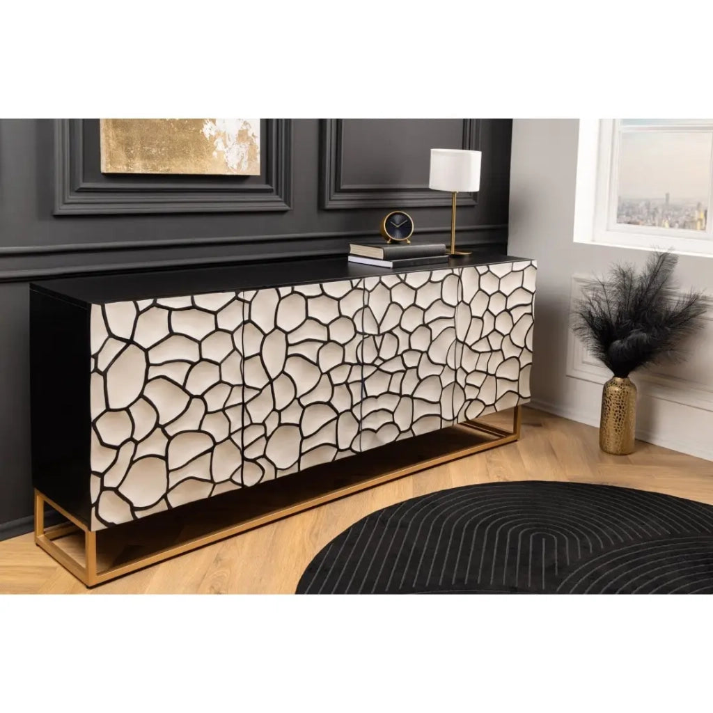 Buffet TERRAKAN 180 cm – Legno massiccio nero e bianco scolpito con piedi dorati
