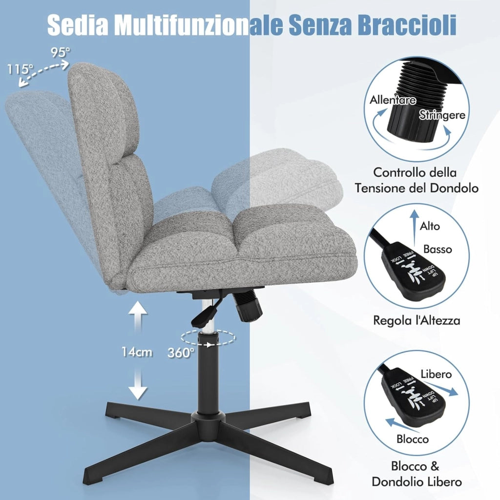 Sedia da Scrivania senza Braccioli, Sedia da Ufficio a Gambe Incrociate, Altezza Regolabile, Girevole a 360°, Tessuto Morbido, Ampia Seduta Imbottita, per Soggiorno Ufficio (Grigio)
