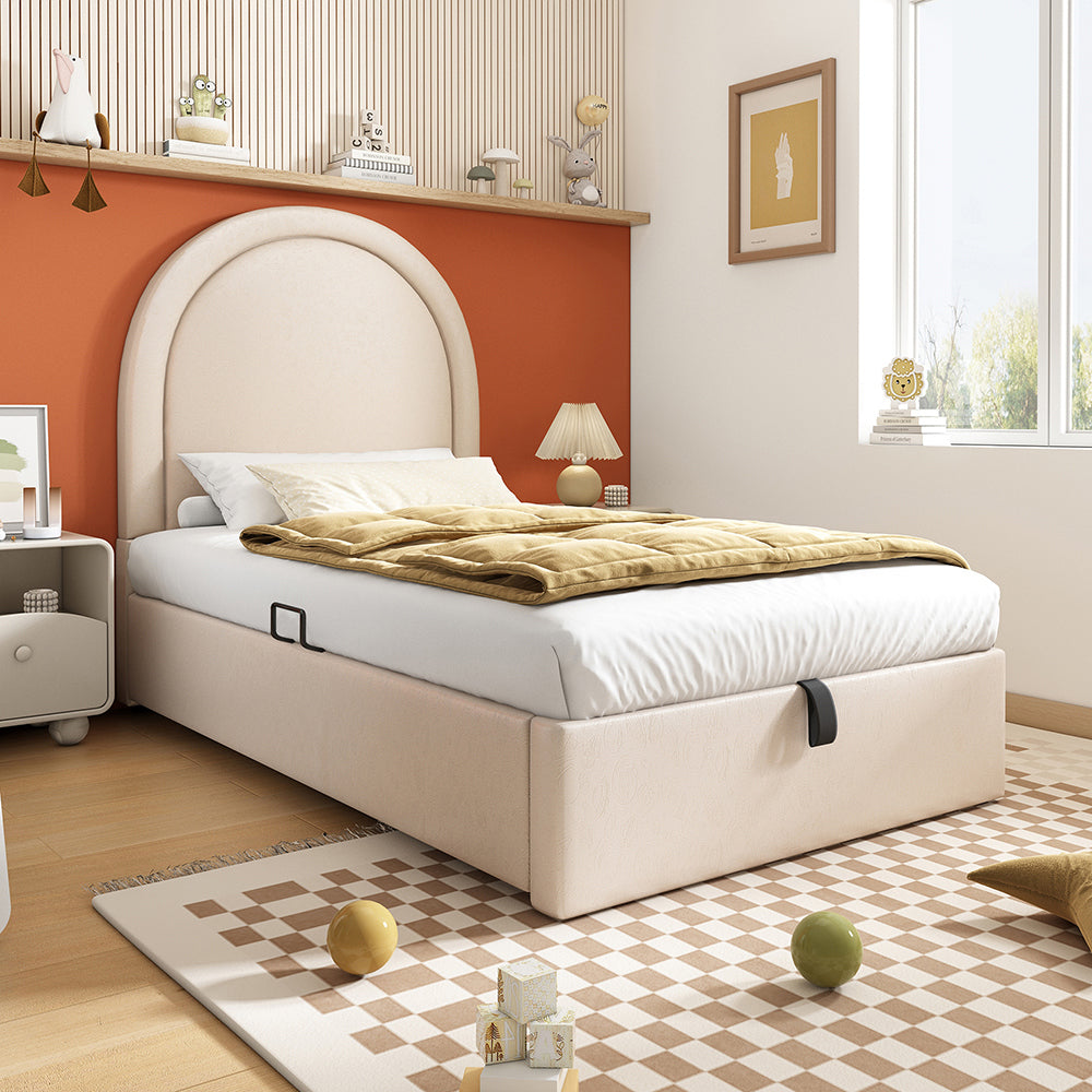 Lit singolo per bambini 90x190 cm - Xylo - Beige - Imbottito in PU con contenitore