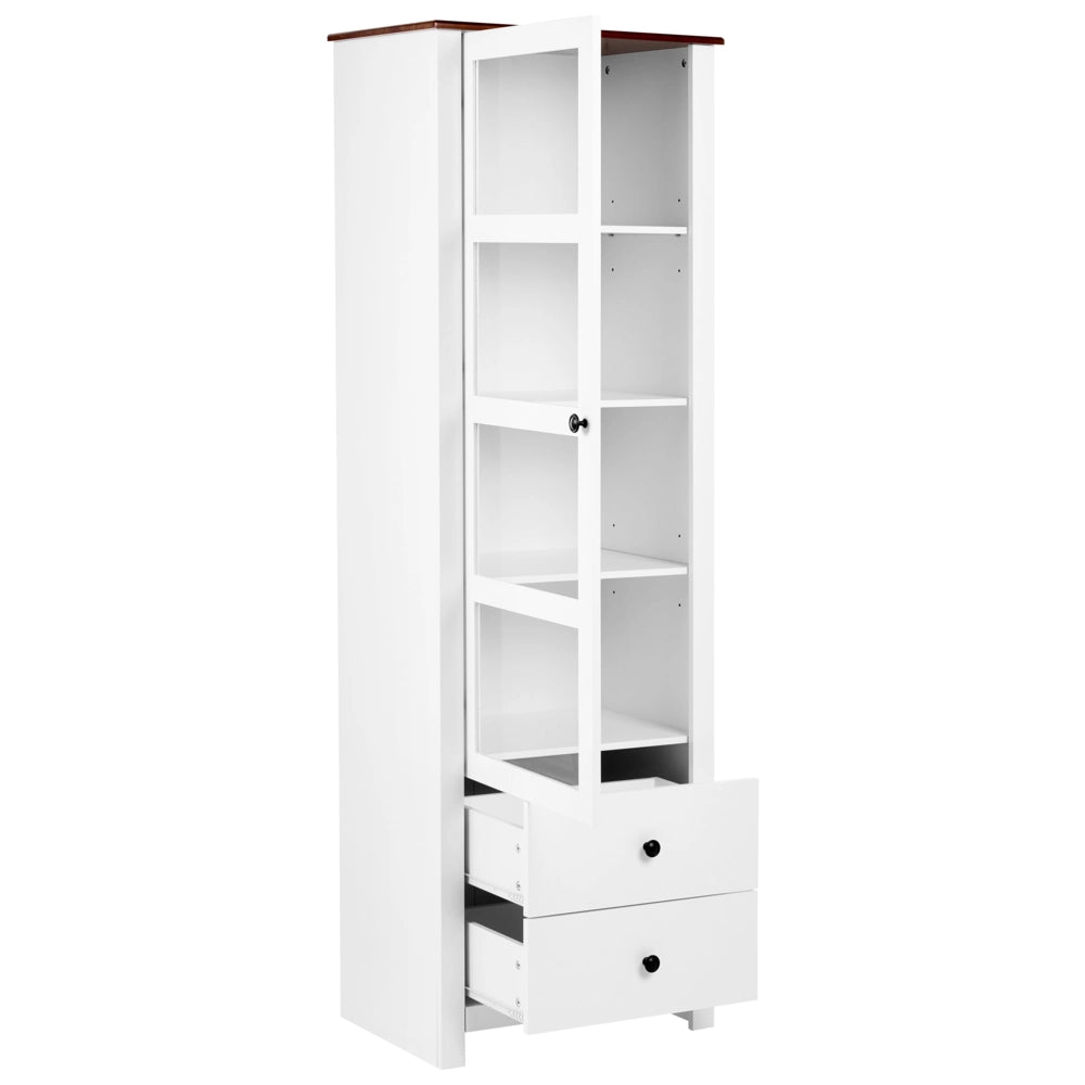 Vetrina bianca in MDF, 60 cm, vetrina alta con ante in vetro e cassetti, stile rustico-country