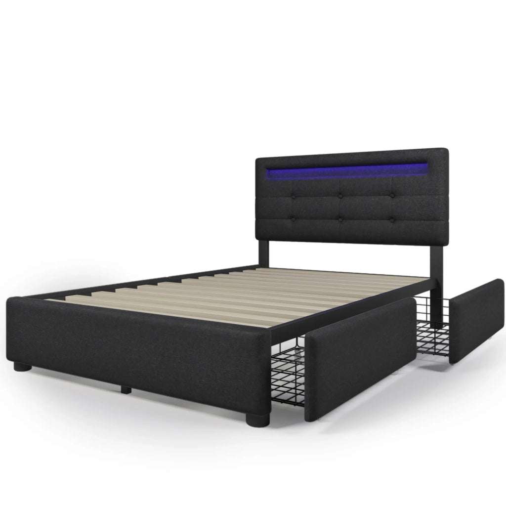 Letto singolo imbottito 90x200 cm con LED; 2 cassetti; testiera regolabile e rete a doghe; nero