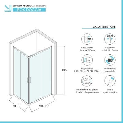 Box doccia angolare 80x100 cm nero opaco con doppio scorrevole  Tay