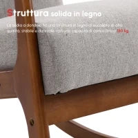Poltrona a Dondolo Imbottita, Design Vintage in Legno e Poliestere Grigio, per Interni, Ufficio, Soggiorno, 64x86x80cm
