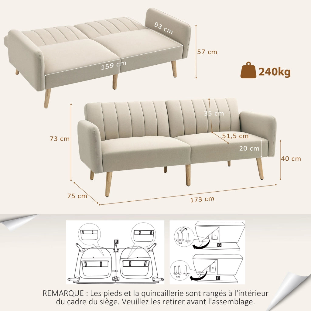 Divano letto 2 posti ¨C zephmum ¨C Tessuto beige, Struttura in legno