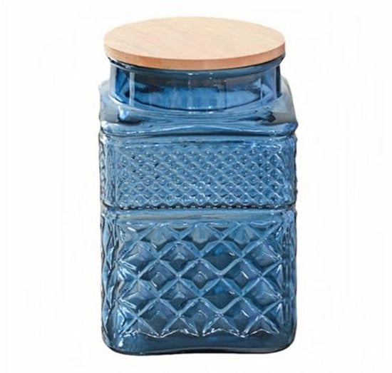 Contenitore a cassetta in vetro, 66 oz (circa 1,7 kg) con coperchio, contenitore per erba di legno, contenitore per alimenti in vetro, adatto per macinare caffè, tè, zucchero, contenitore di conservazione decorativo, contenitore per biscotti (blu).