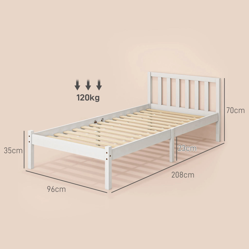 Struttura letto singolo in legno di pino 208 x 96 cm con rete a doghe, finitura bianca, portata 120 kg