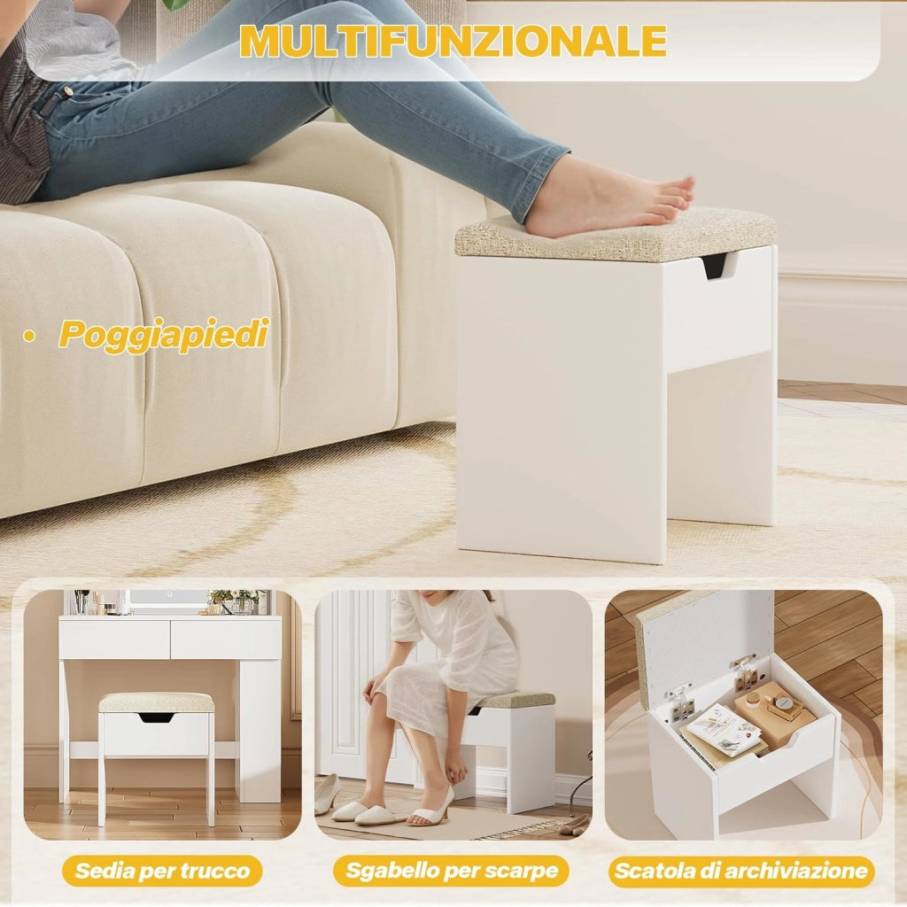 Sgabello Toeletta Trucco con Cuscino,Sgabello Per Trucco con Spazio Di Stoccaggio,Sedia da Make Up per Camera da Letto,Piedeappoggio,Bianco